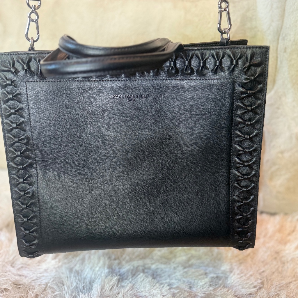 Karl Lagerfeld Black Leather Handbag Bow Ruching Design Chic & Sophisticated